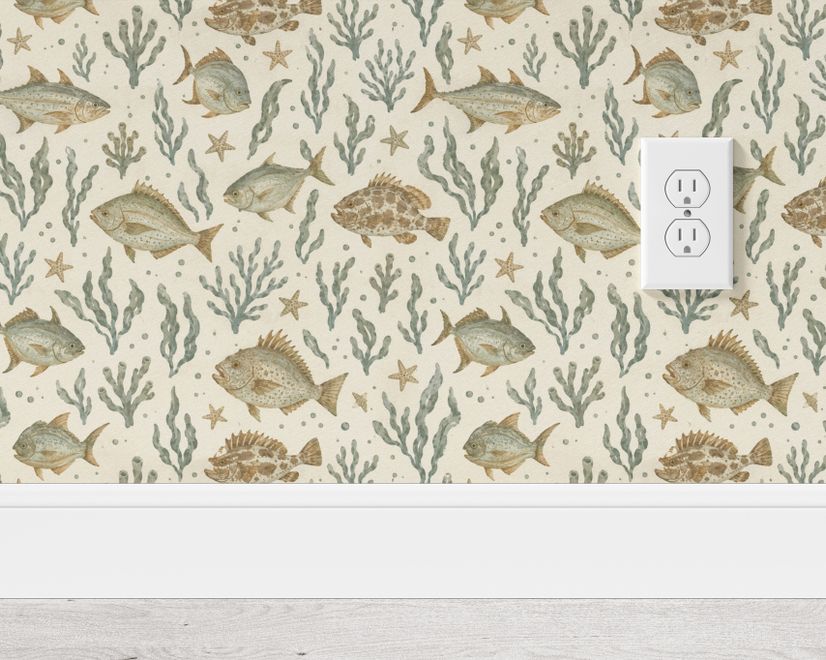 Watercolour fish wallpaper with sage seaweed, coral and starfish on a warm cream background