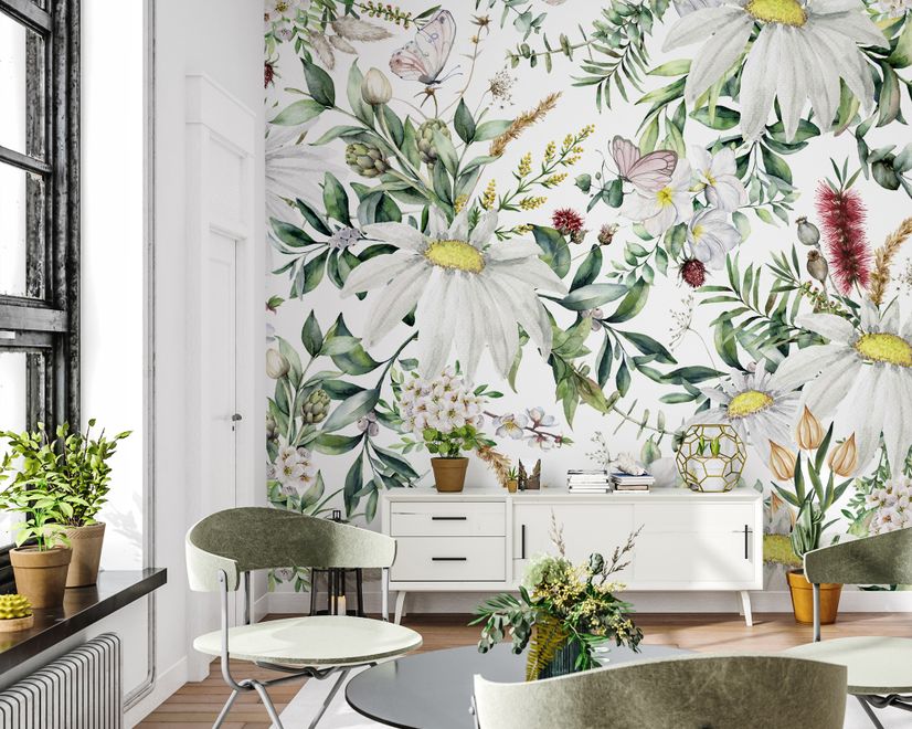 Bright Daisy Flower Bouquet with Green Leaves Wallpaper Mural