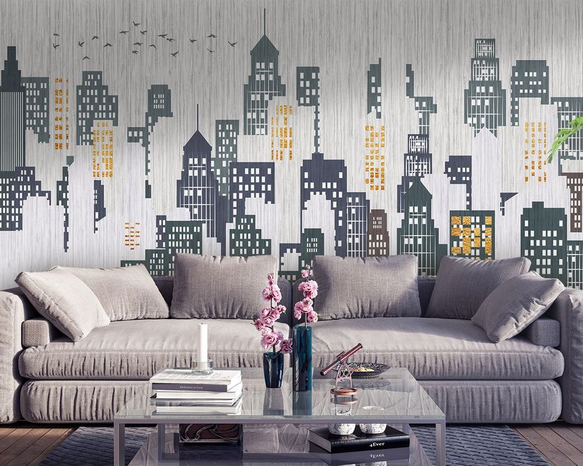 Watercolor City Silhouette Wallpaper Mural