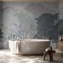 Light gray wallpaper mural with misty forest trees, falling leaves and birds
