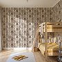 Vintage city wallpaper with illustrated European townhouses, lamps, bicycles, benches and orange-gold trees