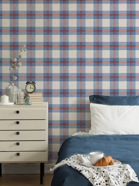 Blue and red plaid wallpaper with denim blue, cream and sky blue woven checks and fine red stripes