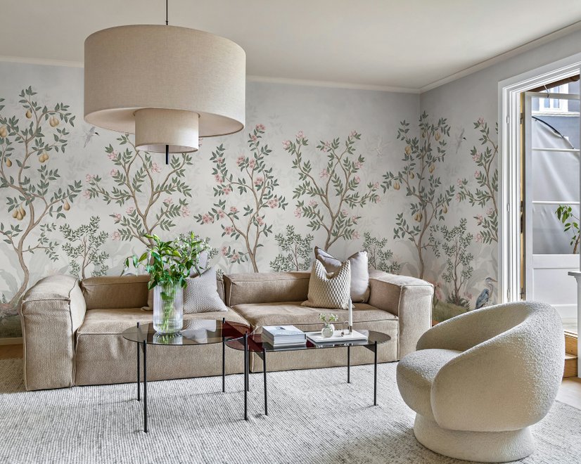 Chinoiserie Garden Trees And Birds Landscape Wallpaper Mural