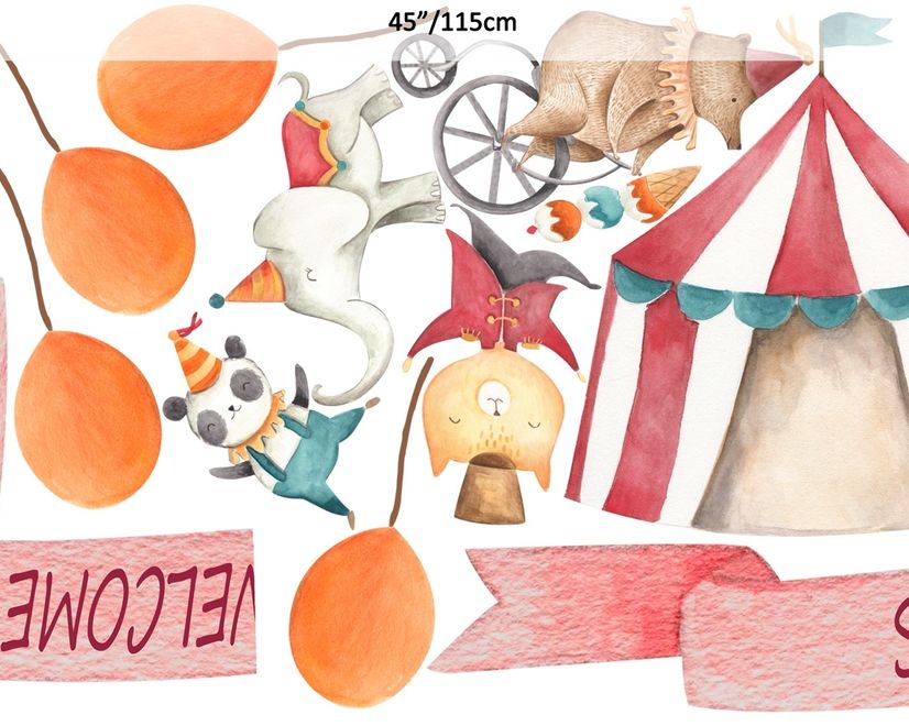 Kids Watercolor Circus with Cute Bear Fox Elephant Panda Wall Decal Sticker