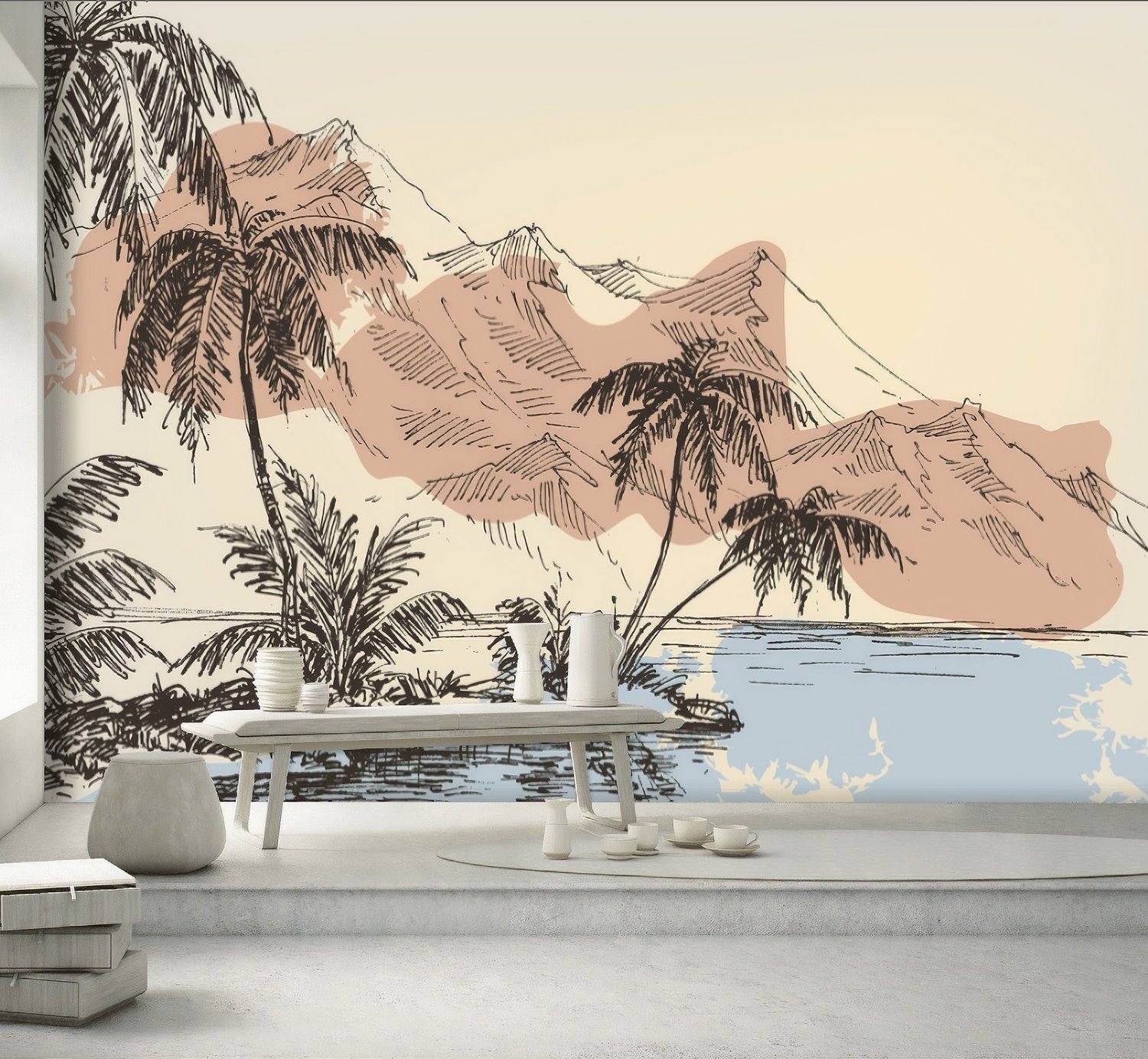 Vintage Charcoal Tropical Palm Tree and Summer Beach Wallpaper Mural - Peel and Stick