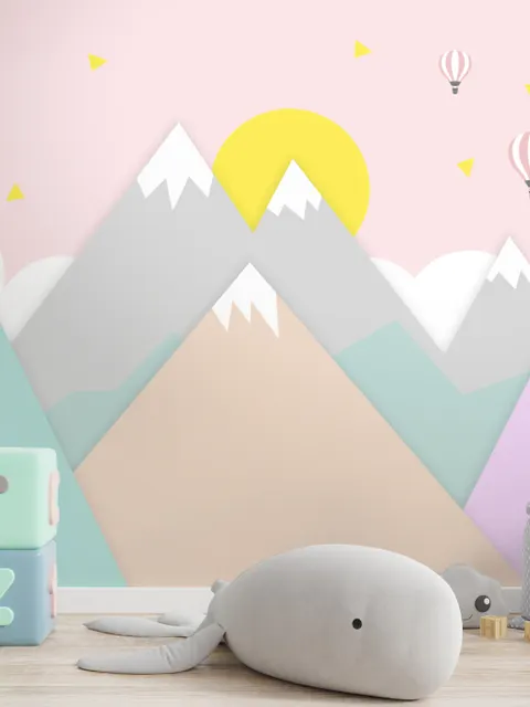 Pink Mountainscape and Hot Air Balloon Wallpaper Mural