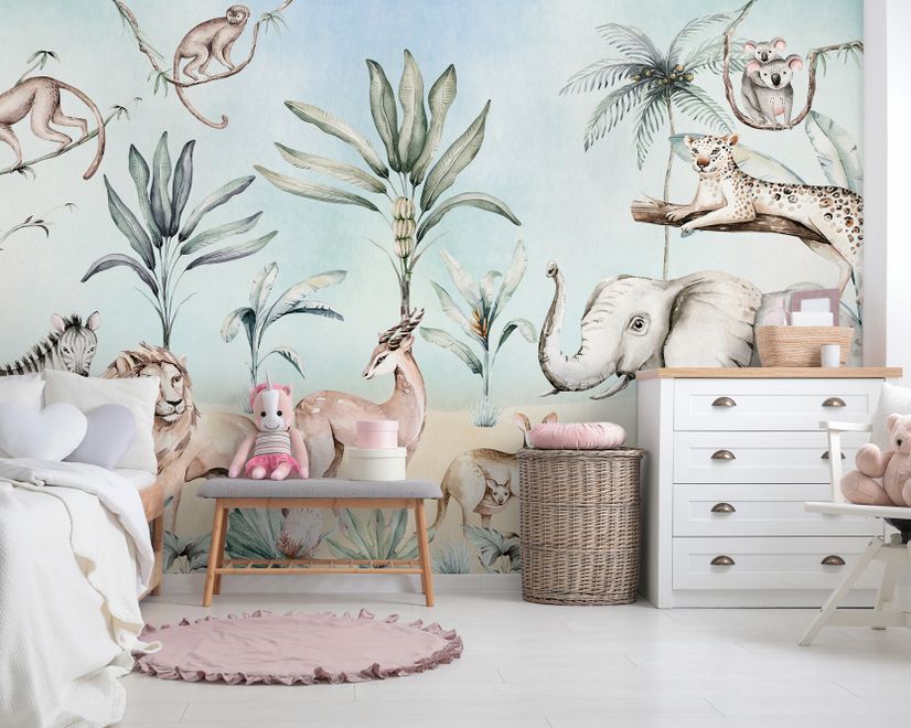 Papier peint panoramique animaux de la jungle avec bananiers et plantes tropicales pour enfants