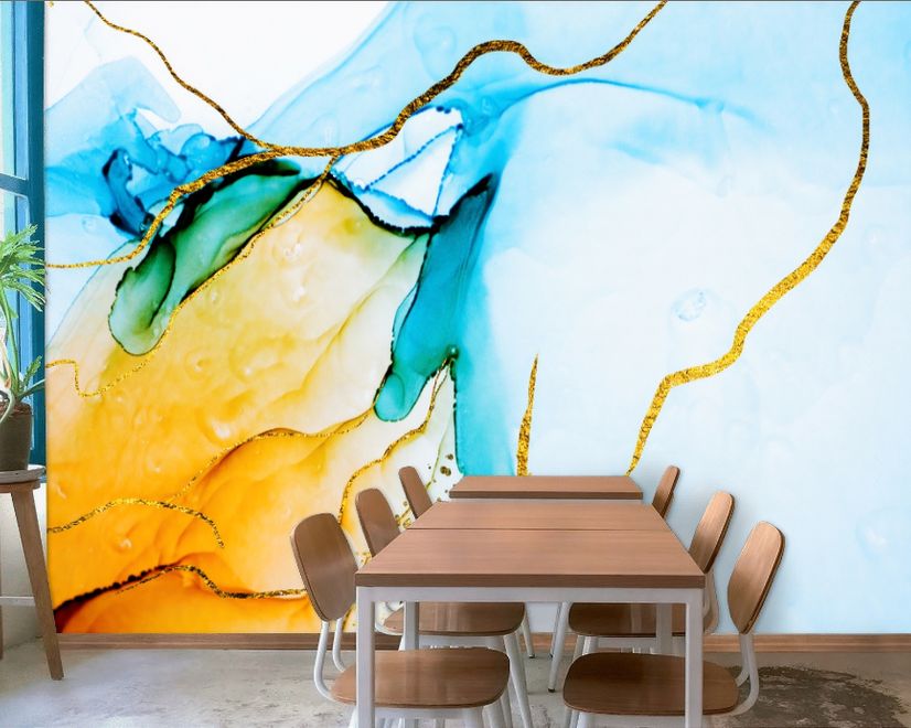 Blue Yellow Watercolor Brush with Modern Lines Wallpaper Mural