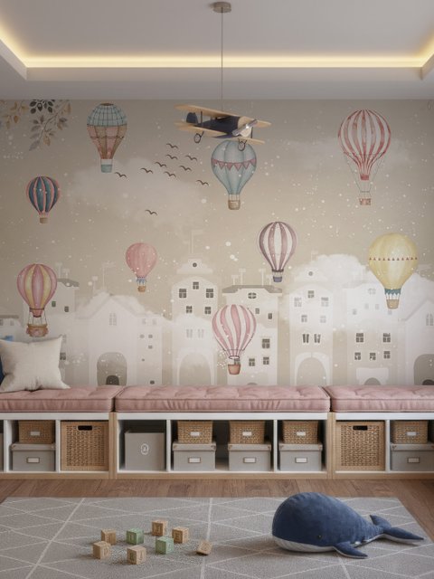 Kinderzimmer Fototapete Cartoon Winter und Kleiner Heißluftballon