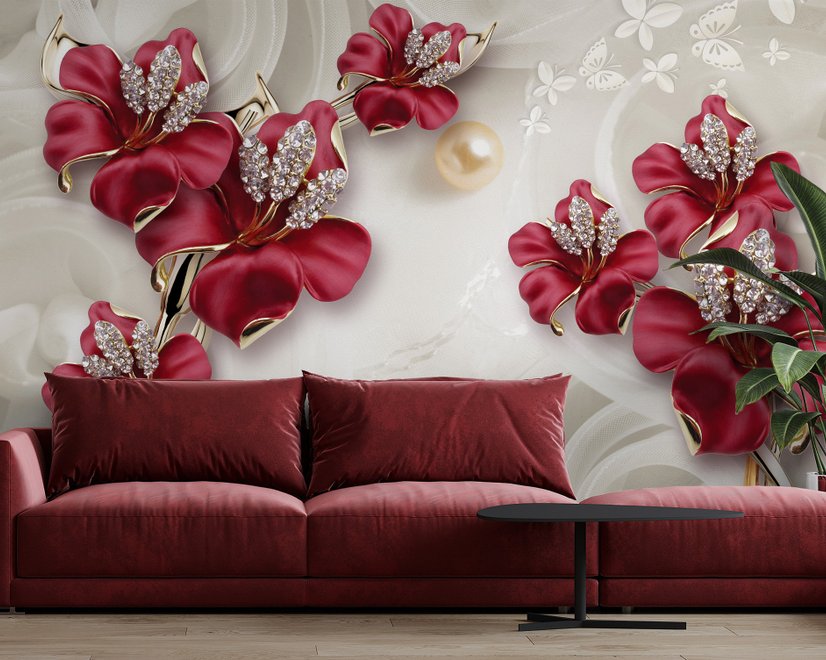 Crystal Red Floral Art Wallpaper Mural
