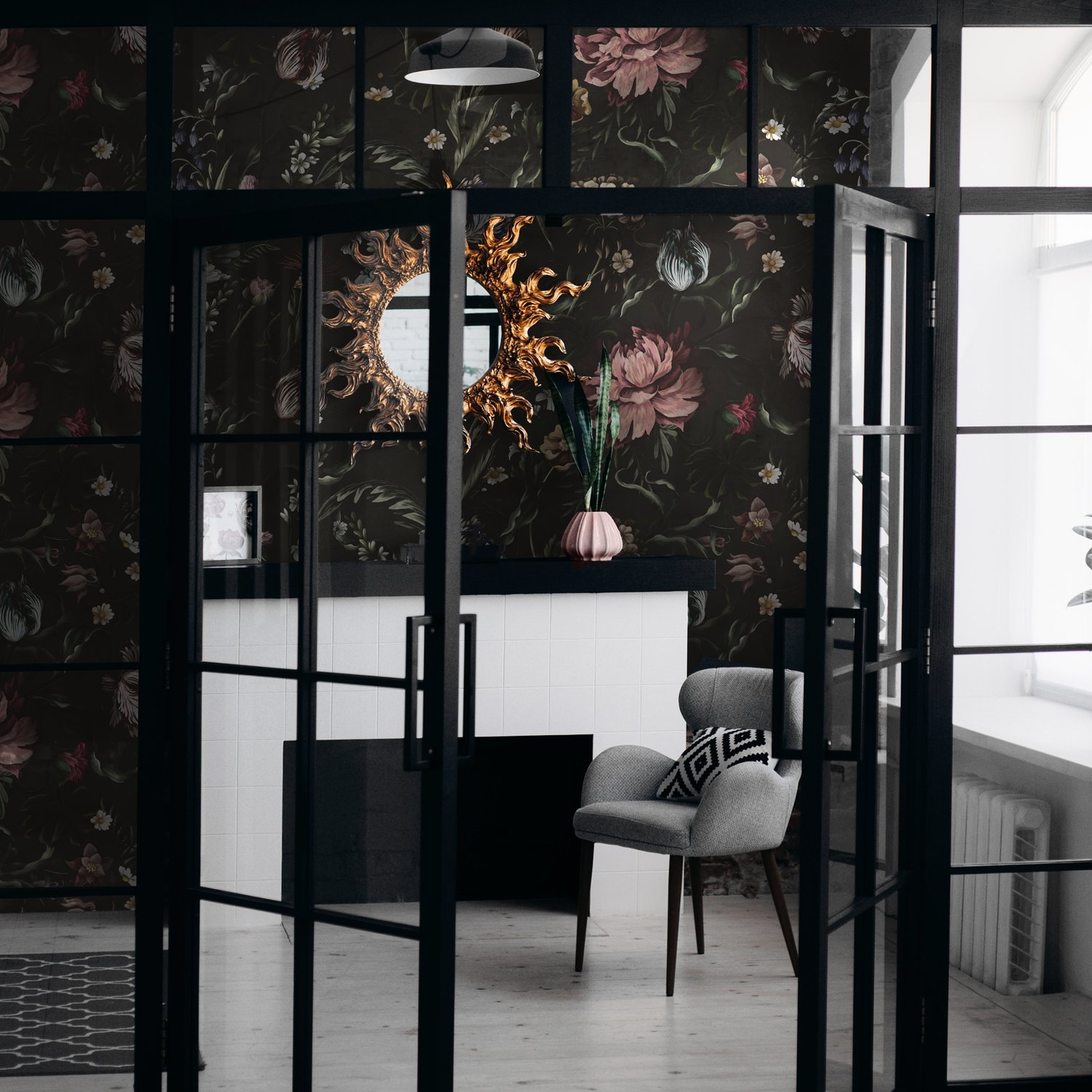 Dutch Flower Peony with Tulips Dark Floral Wallpaper Mural - Peel and Stick