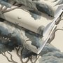 Vintage Japanese tree nature wallpaper with blue-grey canopies, willow foliage, birds and ivory-cream ground