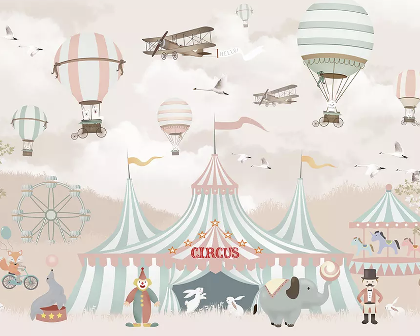 Papier peint panoramique cirque de dessin animé pour enfants avec montgolfière