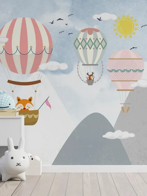 Kids Cartoon Mountain Landscape and Hot Air Balloon Wallpaper Mural