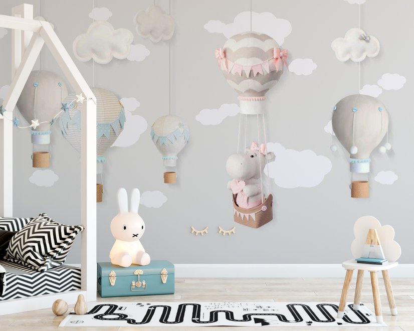 Papier peint petites montgolfières et nuages