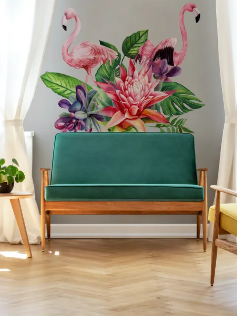 Tropisches Protea-Blumenmuster mit Flamingo-Wandtattoo