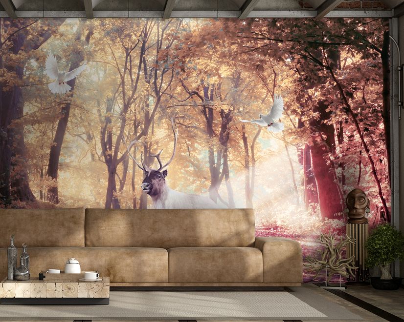 Watercolor Forest and Elk Wallpaper Mural