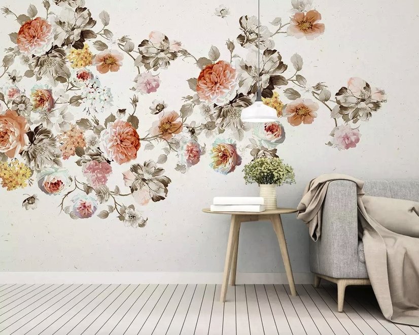 Papier peint panoramique vintage orange marron fleurs