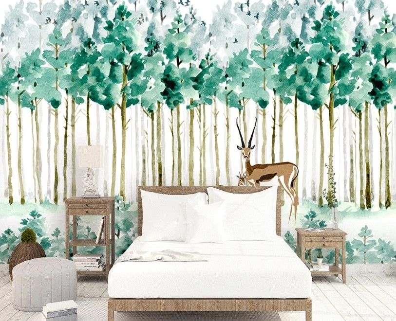Watercolor Green Forest with Elk Wallpaper Mural