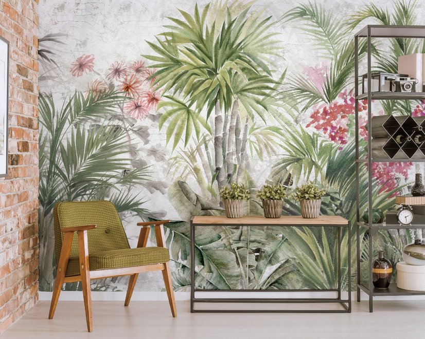 Papier peint panoramique aquarelle, feuilles et fleurs tropicales