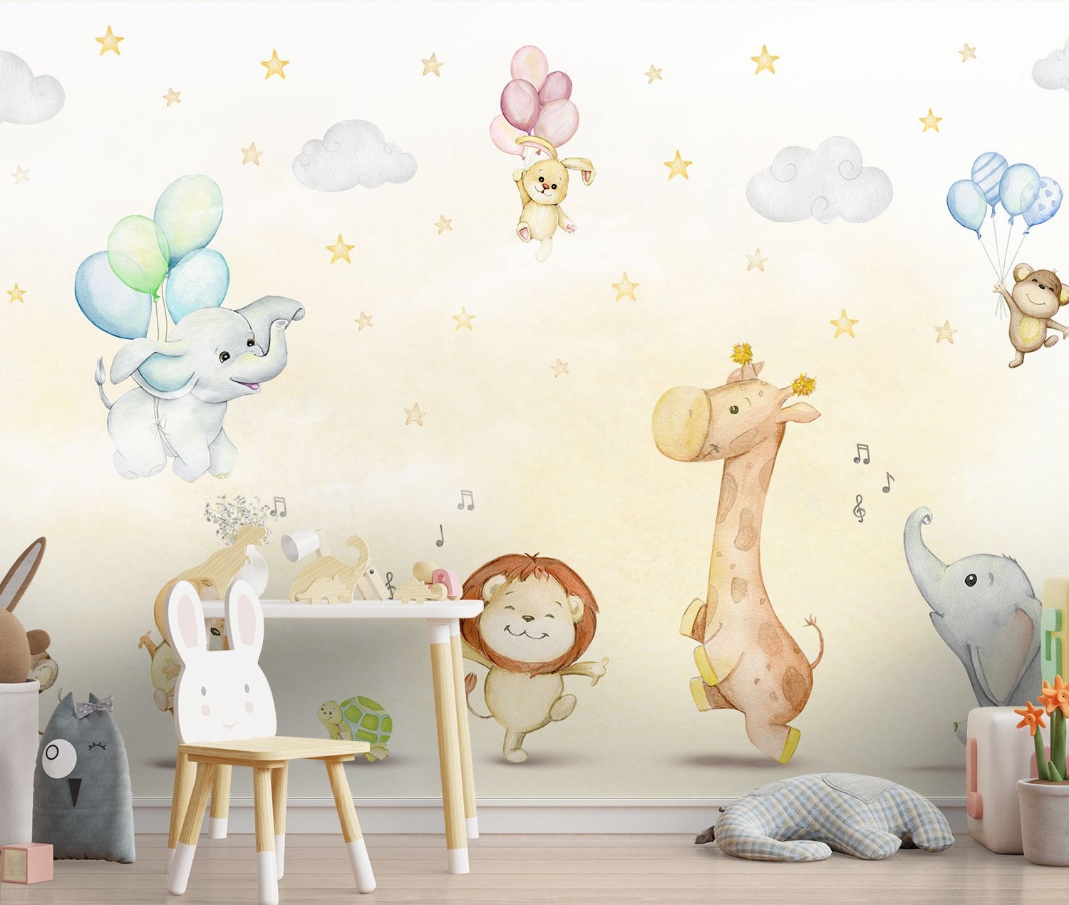Kids Nursery Safari Animals Playing Wallpaper Mural - Peel and Stick