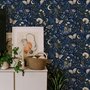 Midnight navy moody botanical wallpaper with lavender butterflies, ivory moons, gold stars, flowers and mushrooms