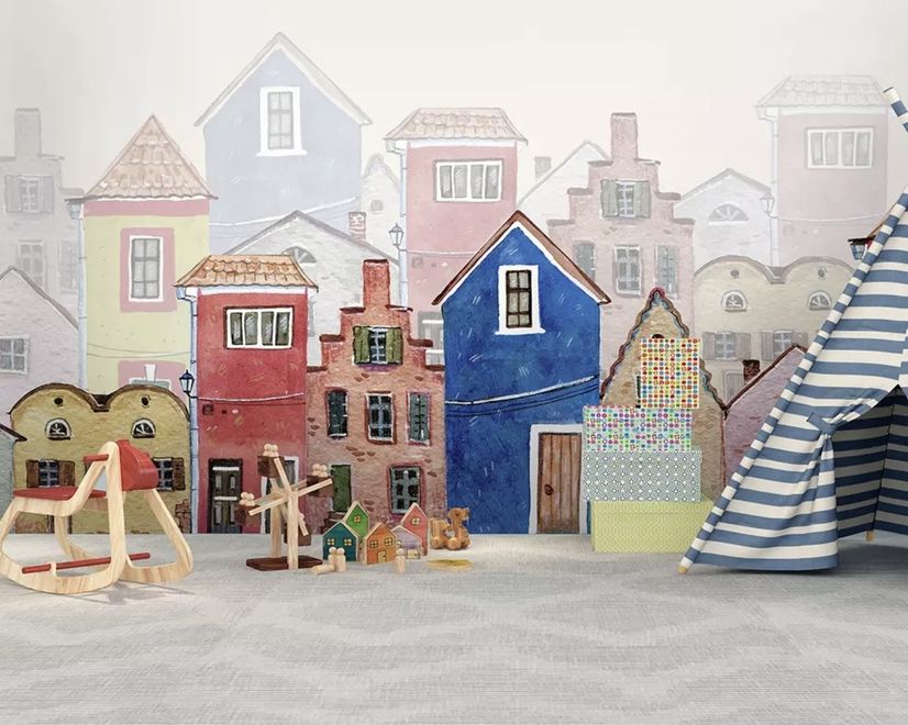 Watercolor Cartoon Town Street Wallpaper Mural