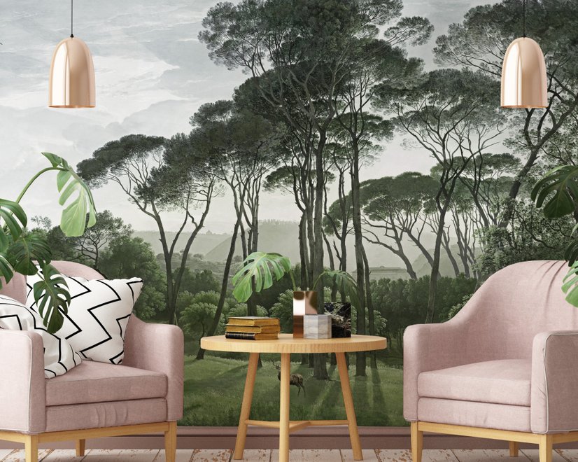 Papier peint forêt tropicale et cerfs à cornes