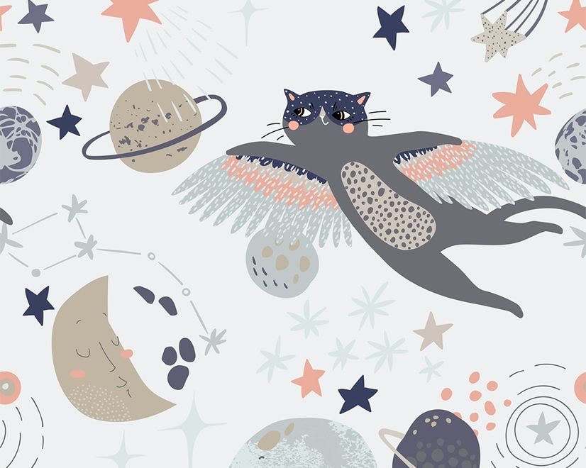 Cat Flying Over The Moon and Stars Wallpaper Mural
