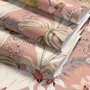 Pink tropical wallpaper with ivory fan palms, orchids, coral blossoms and sage foliage on dusty rose