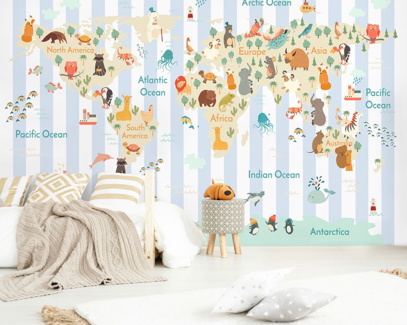 Kids Animals World Map with Stripe Pattern Wallpaper Mural