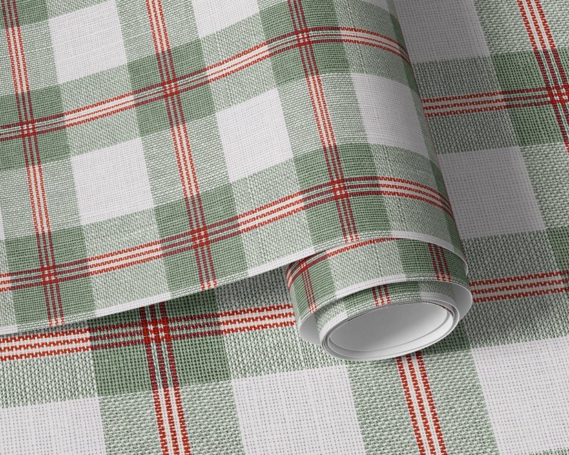 Sage green and cream-white tartan plaid wallpaper with deep red stripes and woven thread texture