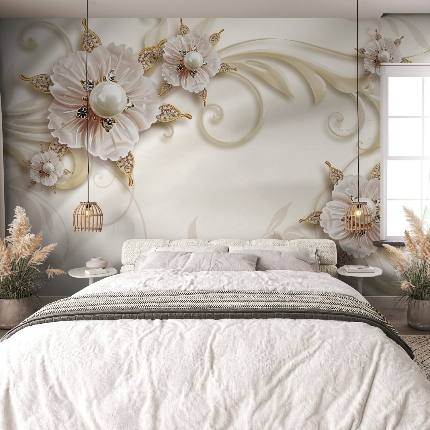 3D Look Pearl Daisy Floral Wallpaper Mural - Peel and Stick