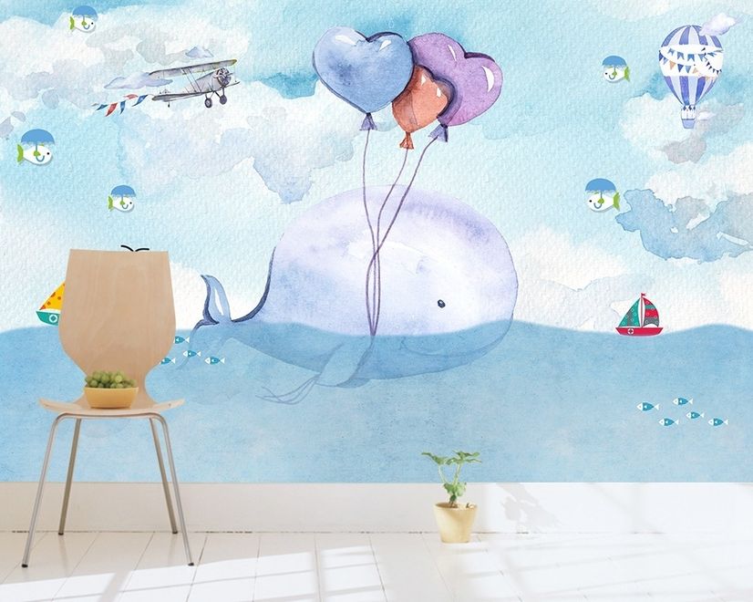 Cartoon Whale Sea Landscape Wallpaper Mural
