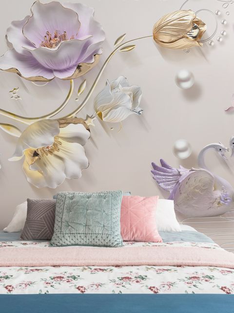 3D-Prägedesign Tulpenblüten mit Schwan Fototapete