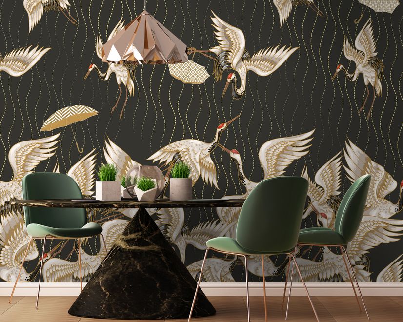 Gold Style Vintage Asian Crane Birds Wallpaper Mural