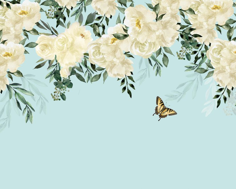 Fototapete Weiße Blumen und Gelber Schmetterling