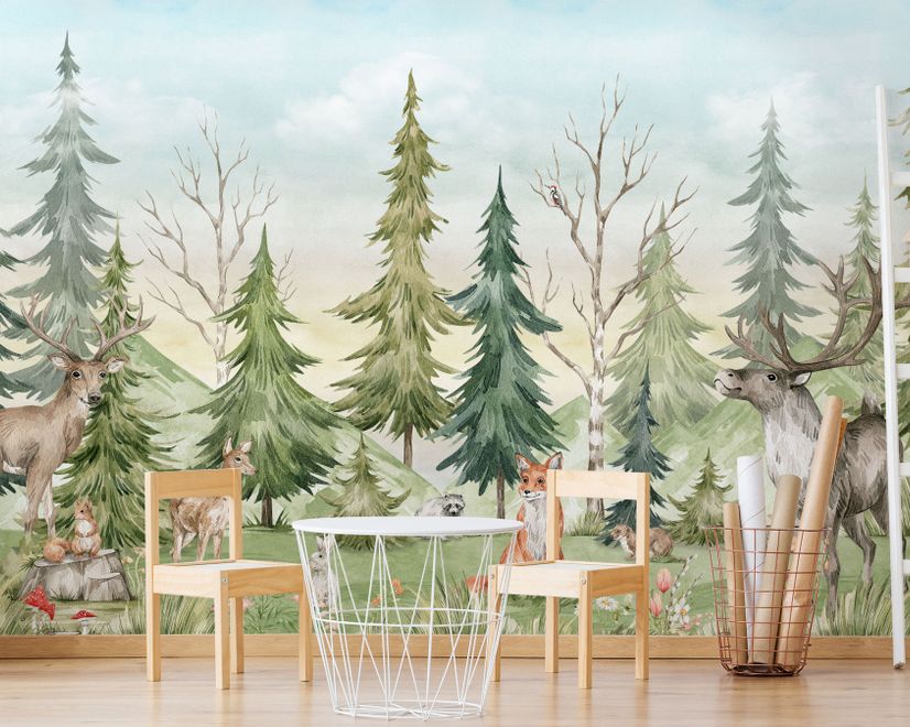 Kids Watercolor Pine Tree Forest with Animals Wallpaper Mural