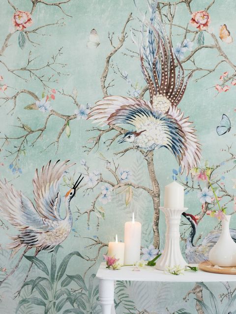 Chinoiserie-Pfingstrosenblüte mit chinesischen Vögeln Fototapete