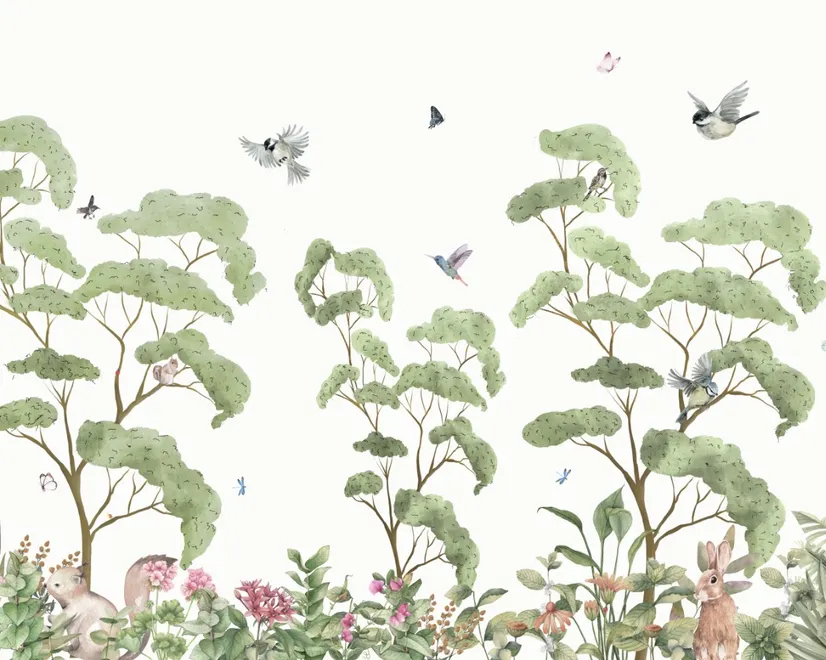 Papier peint panoramique de la forêt tropicale des enfants avec des lapins mignons