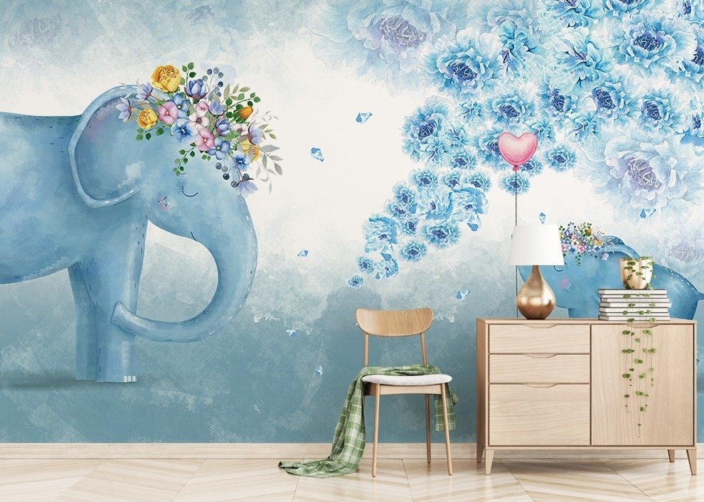 Cartoon Blue Elephant Wallpaper Mural - Peel and Stick