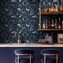 Midnight navy moody botanical wallpaper with lavender butterflies, ivory moons, gold stars, flowers and mushrooms