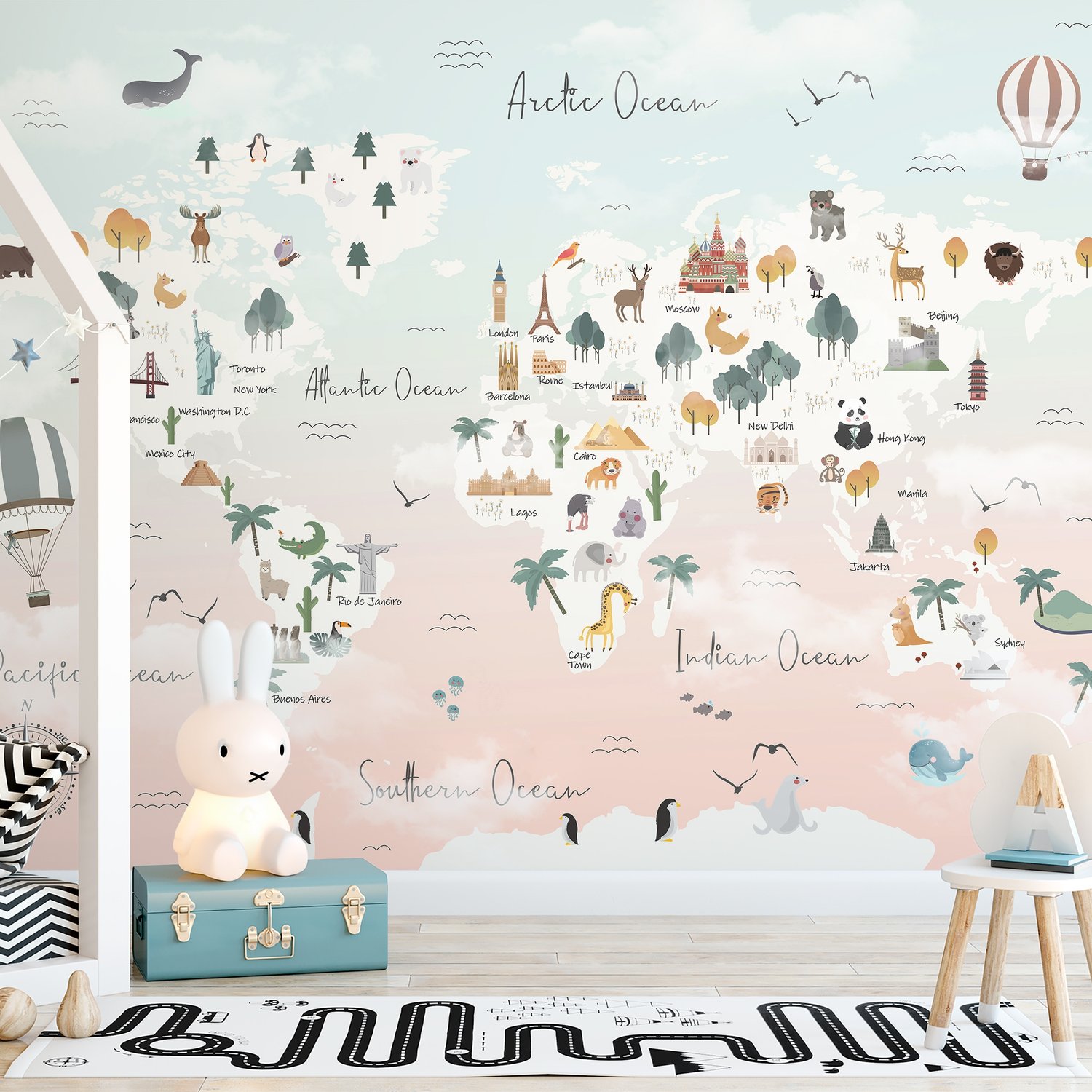Kids Pink World Map with Cute Animals and Little Balloons Wallpaper Mural - Peel and Stick