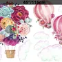 Buntes Blumenstrauß Heißluftballon und Rosa Wolken Wandtattoo