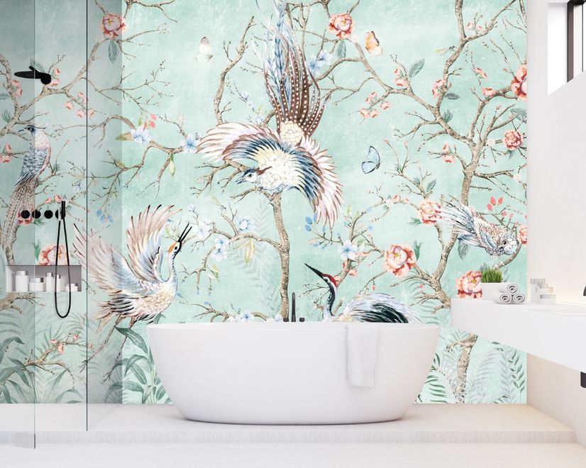 Chinoiserie Peony Blossom with Chinese Birds Wallpaper Mural