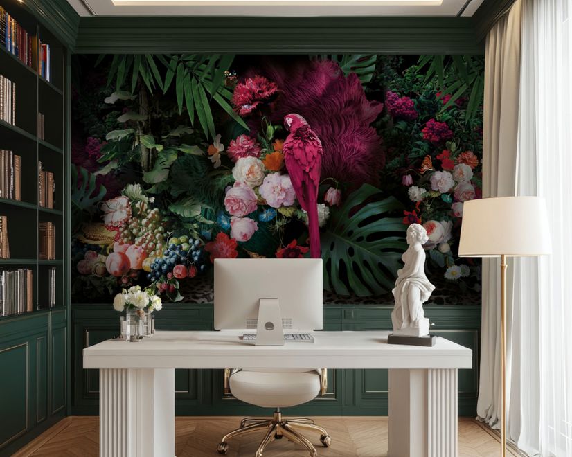 Pink Parrot with Colorful Floral Wallpaper Mural
