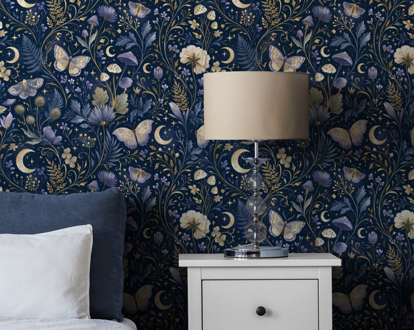 Midnight navy moody botanical wallpaper with lavender butterflies, ivory moons, gold stars, flowers and mushrooms