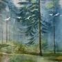 Papier peint panoramique paysage forestier brumeux à l'aquarelle