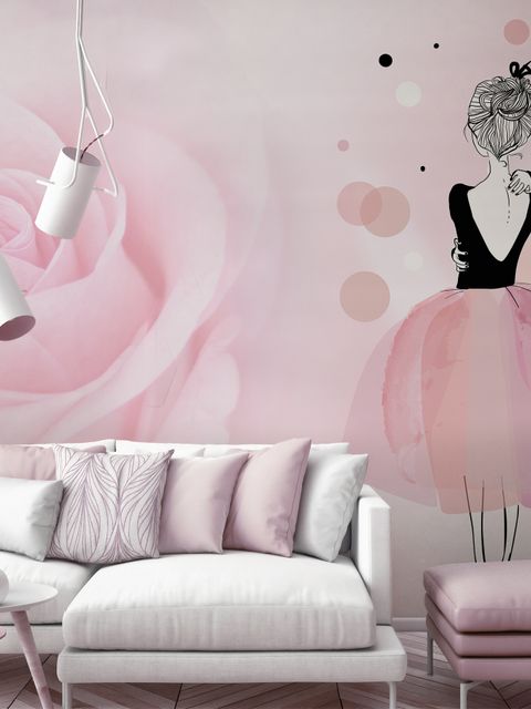 Ballerina Girl and Pink Roses Wallpaper Mural