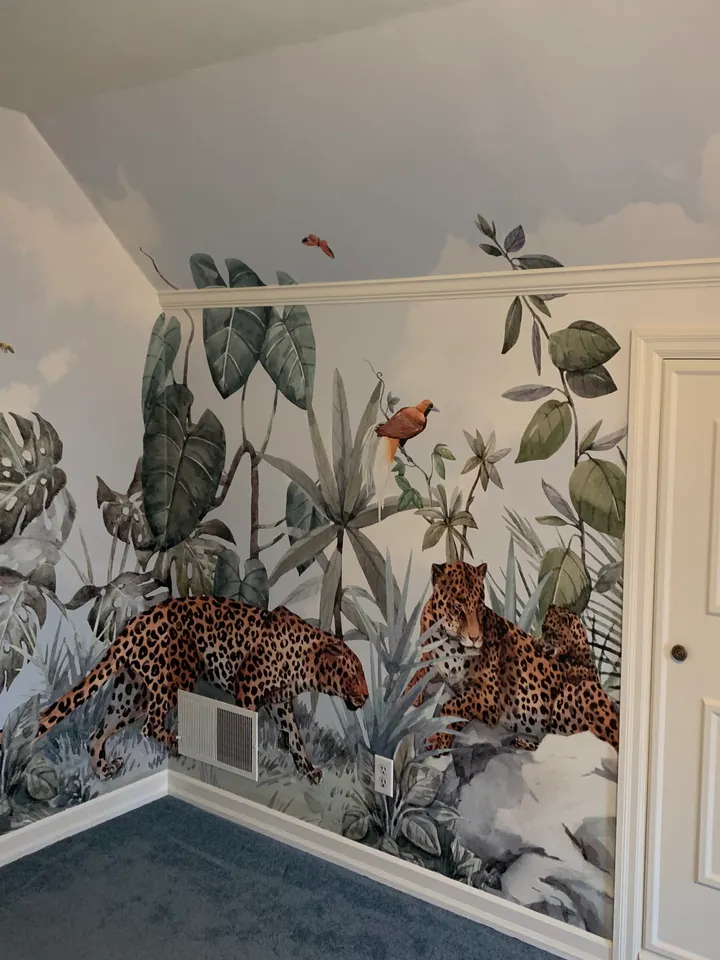 Kids Watercolor Forest with Leopard Wild Animals Wallpaper Mural